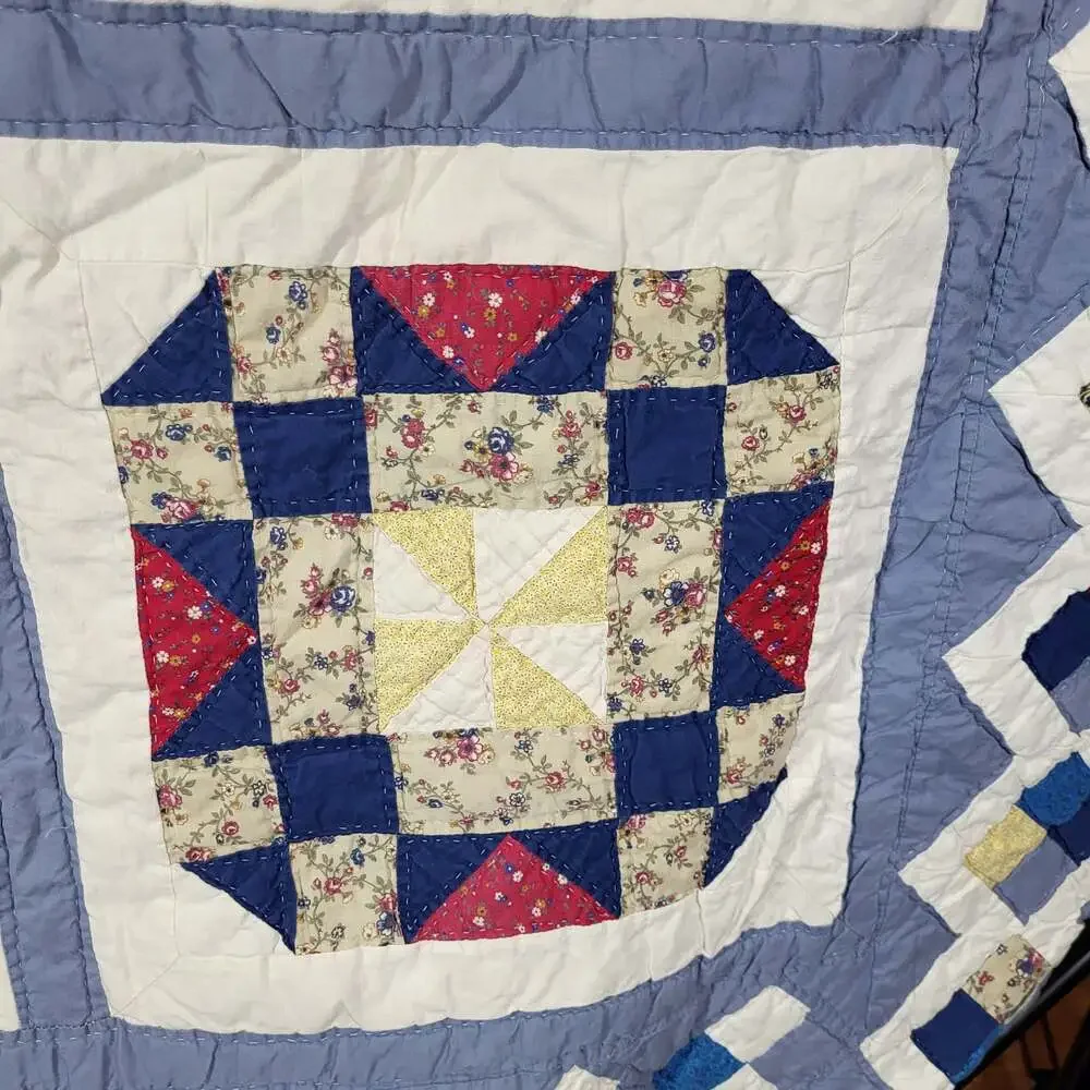 Vintage Handmade Applique and Patchwork Folk Art Quilt with Cabin and Figures